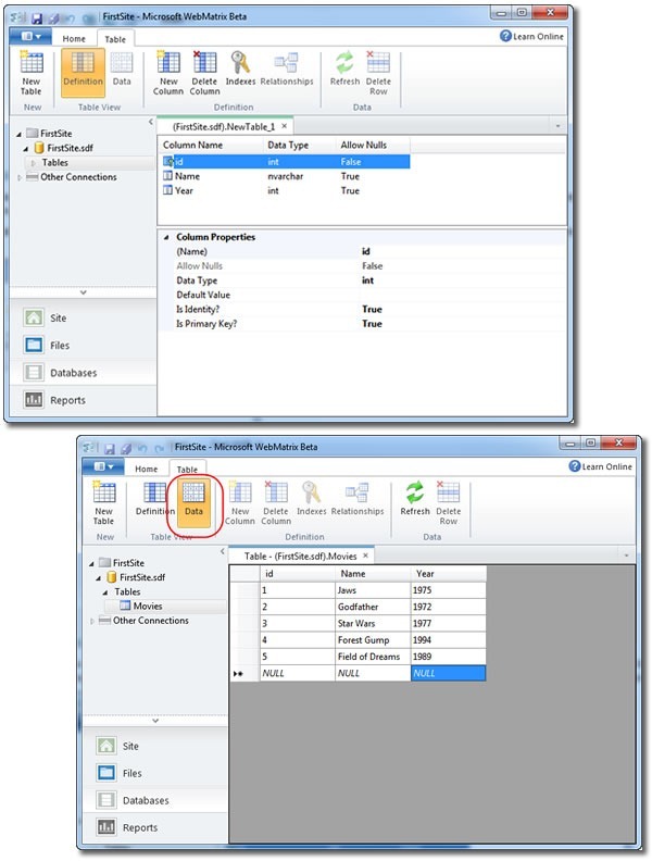 Screenshot of table definiton and contents in WebMatrix's database tools