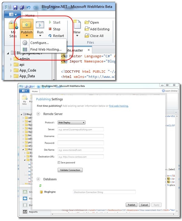 The "publish" button and screen in WebMatrix