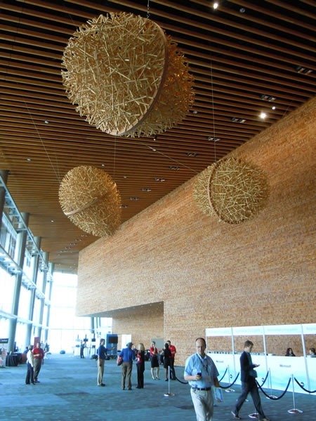 TechDays registration area, with the giant "eggs" made of hockey-stick-length pieces of wood hanging from the ceiling