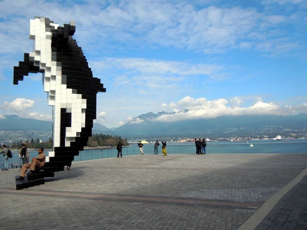 Promenade of the west side of the Vancouver Convention Centre's West Building, with "Digital Orca" in the foreground