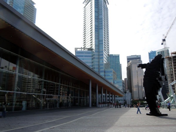 Downtown Vancouver buildings, with Digital Orca in the foreground