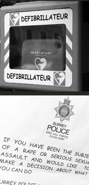 Defibrillator and sexual assault notice using Comic Sans