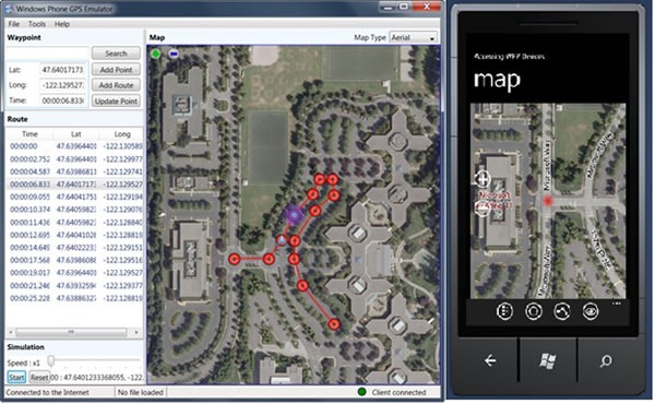 Screenshot of the GPS Emulator and the Windows Phone 7 Emulator, side by side