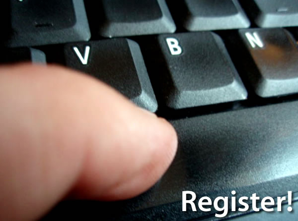Register! (Finger pressing space bar on a computer keyboard)