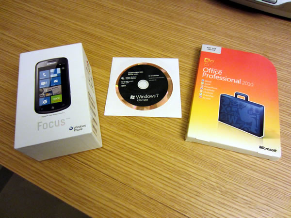 Windows Phone 7 (Samsung Focus) box, Windows 7 Ultimate DVD, Microsoft Office 2010 Professional DVD