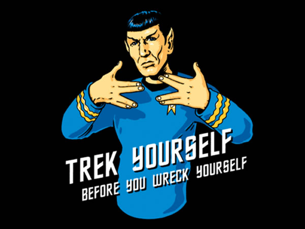 Trek Yourself Before You Wreck Yourself: Spock flashing the 'Live Long and Prosper' hand signals as if they were gang signs.