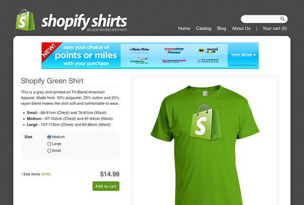 Example screenshot of a store incorporating Incentify; it shows a banner that says "Earn your choice of points or miles with this purchase" and logos of some of Points.com's partners