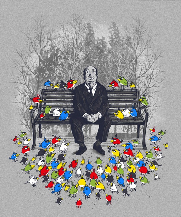 Illustration of Alfred Hitchcock sitting on a park bench, surrounded by the birds from "Angry Birds"