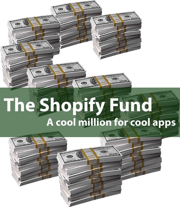 "The Shopify Fund: A cool million for cool apps": Stacks on hundred-dollar bills arranged into an "S" shape