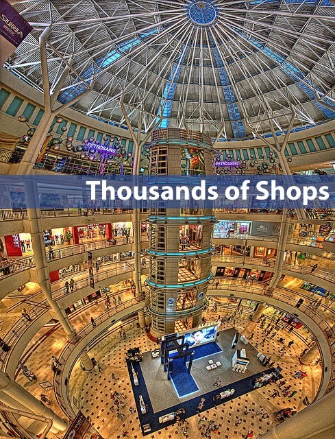 "Thousands of Shops": Panoramic view of large shopping center