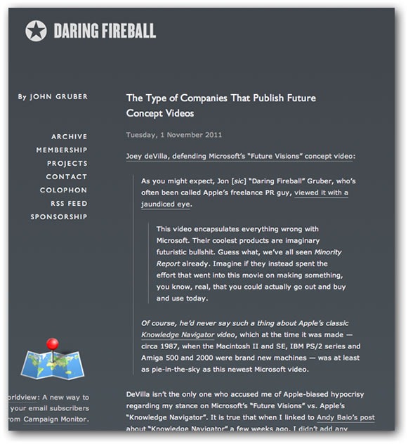 Screenshot of Daring Fireball article "The Type of Companies That Publish Future Concept Videos"