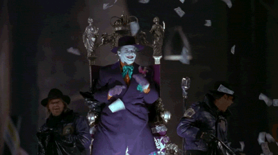 Jack Nicholson's "Joker", dancing in a storm of bills