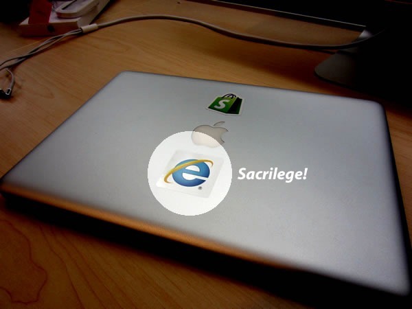 Joey deVilla's MacBook Pro, with an IE9 sticker on it