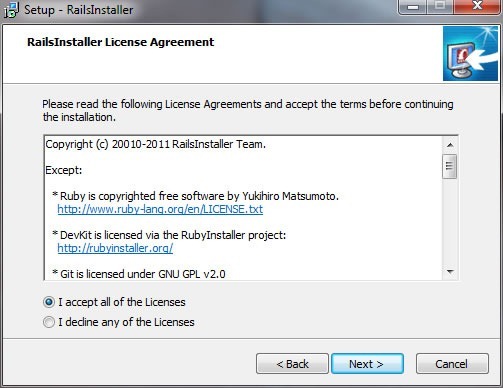 RailsInstaller wizard, License Agreement screen