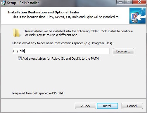 RailsInstaller wizard, "Installation Destination and Options" screen