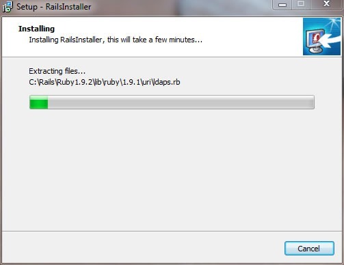 RailsInstaller wizard, "Installing" screen, with progress bar showing about 1/10 done