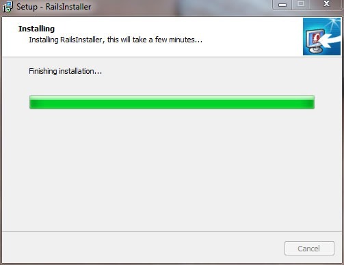 RailsInstaller wizard, "Installing screen", with progress bar about 90% done