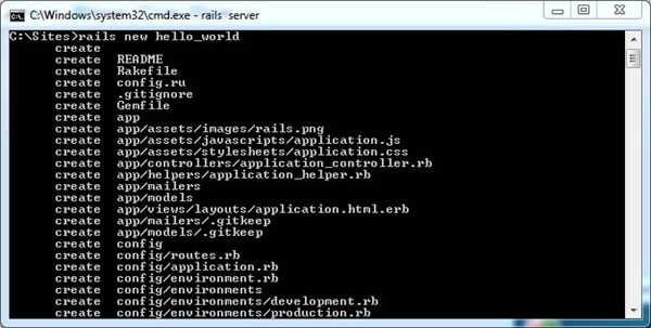 Console showing creation a new rails app.