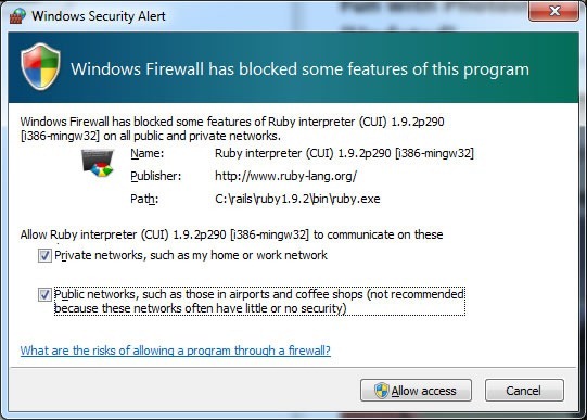 Screenshot of the "Windows Firewall has blocked some features of your program" window.