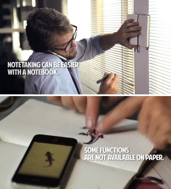 Stills from Moleskine's "Paper Notebooks vs. Smartphones" video: "Notetaking can be easier with a notebook" vs. "Some functions are not available on paper"