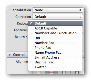 Drop-down menu of keyboard types in Xcode