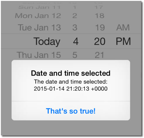 iOS app with date picker and button, overlaid with an alert showing the selected date as '2015-01-14 21:20:13 +0000'