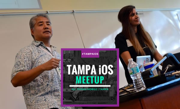 Tampa iOS Meetup banner with photo of Joey deVilla and Angela Don in the background.