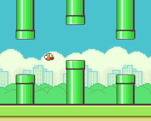 Animated scene showing 'Flappy Bird' gameplay.