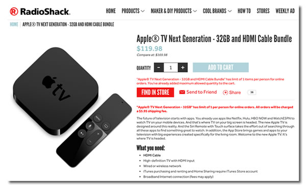 Screen shot: RadioShack's page for their 32gb Apple TV special.