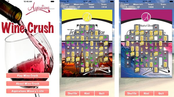 The title screen and two game screens from Wine Crush.