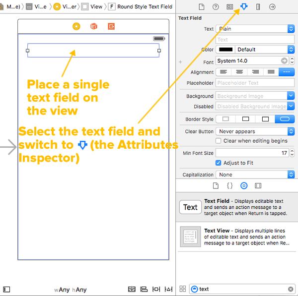 plain text field and attributes inspector
