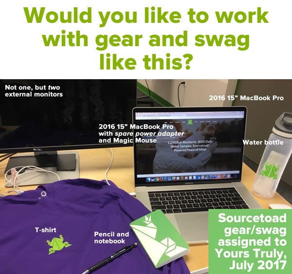 Would you like to work with gear and swag like this? (Photo of my Sourcetoad-assigned MacBook pro, dual monitors, and more.)