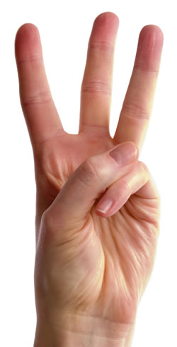 Hand holding up 3 fingers.