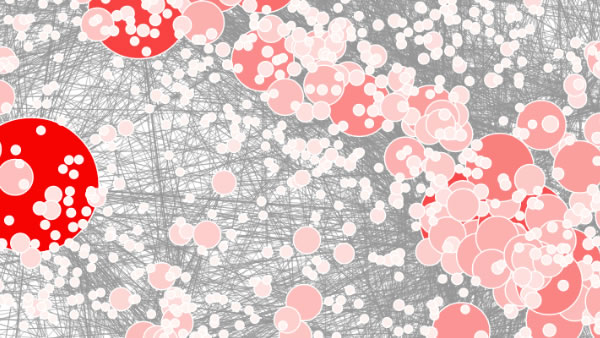 Visualization of data as interconnected nodes of varying sizes.