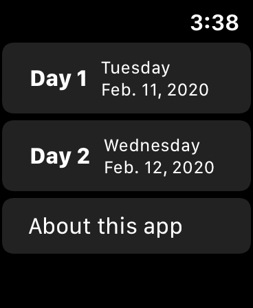 Screenshot of the home screen of “Big Event 2020”, showing buttons labeled “Day 1 - Tuesday, Feb. 11, 2020”, “Day 2 - Wednesday, Feb. 12, 2020”, and “About this app”
