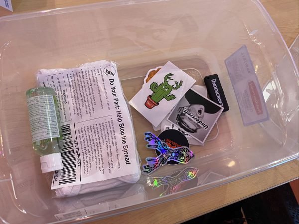 Photo: A shoebox-sized clear plastic tub holding a small bottle of hand sanitizer, a package of surgical masks, assorted stickers, and an Undercroft-branded USB key.