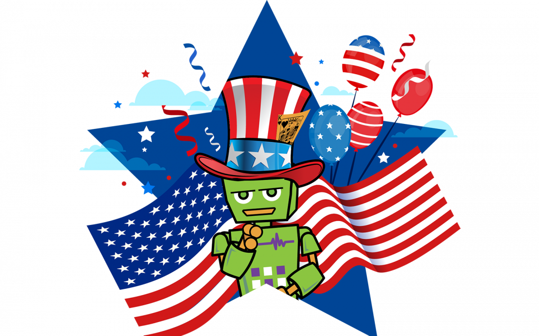 Mad Botter Fourth of July content icon (Mad Botter “Bot” dressed as Uncle Sam in front of American flags, fireworks, and balloons)