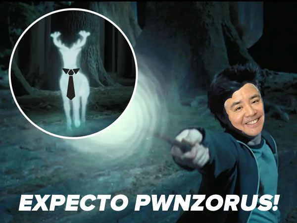 Photo: Harry Potter pointing his wand at his patronus, except Harry’s face has been crudely photoshopped with Joey deVilla’s, the patronus is wearing a tie, and the caption reads “EXPECTO PWNZORUS!”