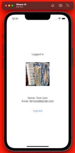 iOS Simulator screen shot: Screen with title “Logged in”, photo of user, user]s name and email address, and “Log out” button.