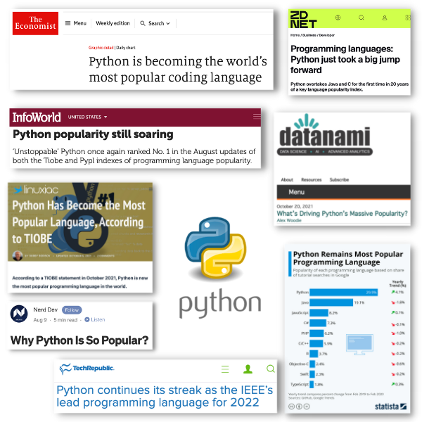Selection of headlines showing how in-demand Python is.