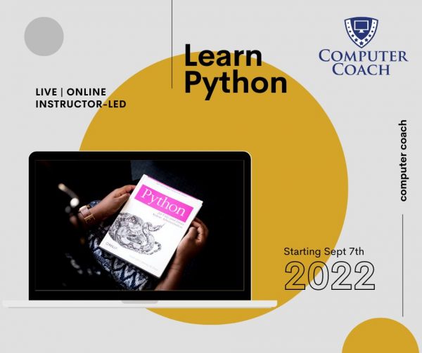 Computer Coach’s “Learn Python” course banner: “Live, online, instructor-led / Starting Sept 7th 2022”