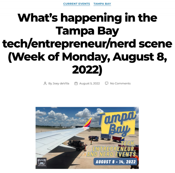 Screenshot: My “Tampa Bay Tech Events” article for the week of August 8, 2022.