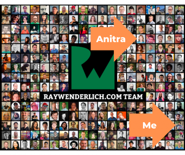 Photo collage of RayWenderlich.com team with arrows pointing to Anitra Pavka’s and Joey deVilla’s photos.