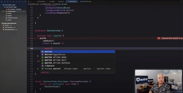 Joey deVilla appears in the corner of the screen, while adding login and logout to the starter project of Auth0’s iOS/SwiftUI authentication video.