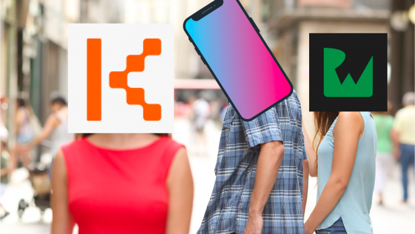 “Distracted Boyfriend” meme, with RayWenderlich.com logo covering the ignored girlfriend’s head, a smartphone covering the boyfriend’s head, and the Kodeco logo covering the distracting woman’s head.