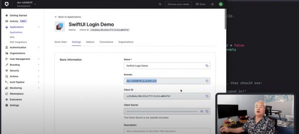 Joey deVilla appears in the corner of the screen showing the Auth0 dashboard in Auth0’s iOS/SwiftUI authentication video.