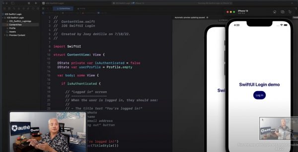 Joey deVilla appears in the corner of the screen showing the starter project of Auth0’s iOS/SwiftUI authentication video.
