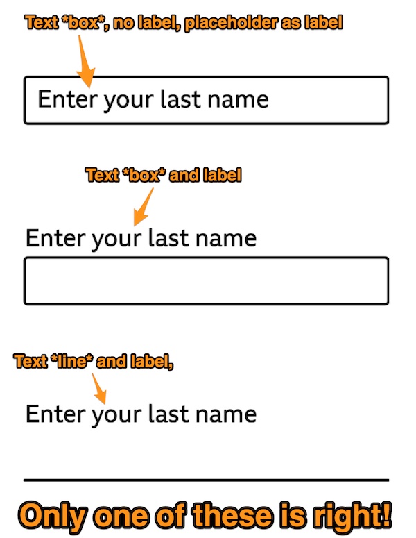 Examples of different text box styles, with the title “Only one of these is right!”

- text box, no label, placeholder as label
- Text box and label
- Text line and label