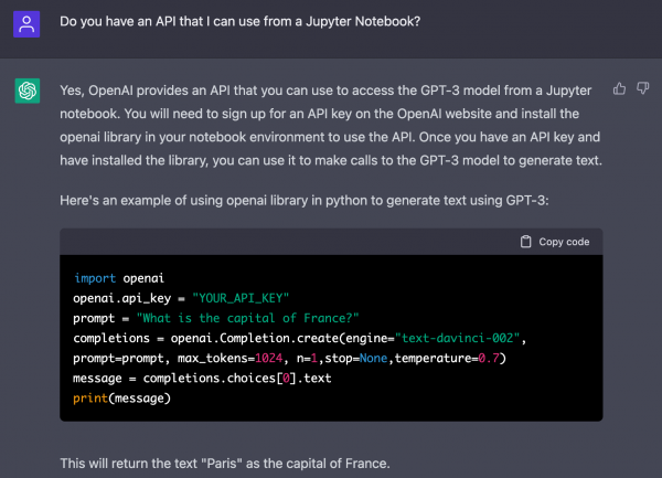 Screen capture of ChatGPT conversation about calling the OpenAI API from Jupyter Notebook.