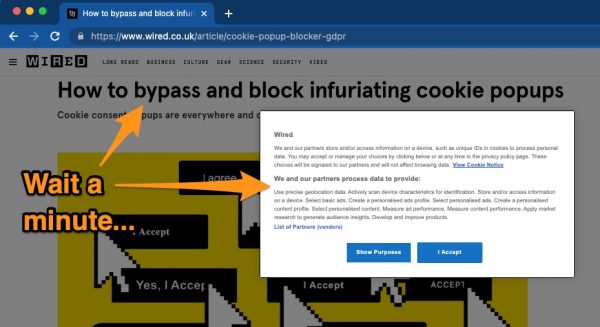 Screenshot of the Wired UK article titled “How to bypass and block infuriating cookie popups,” which is obstructed by a cookie popup.